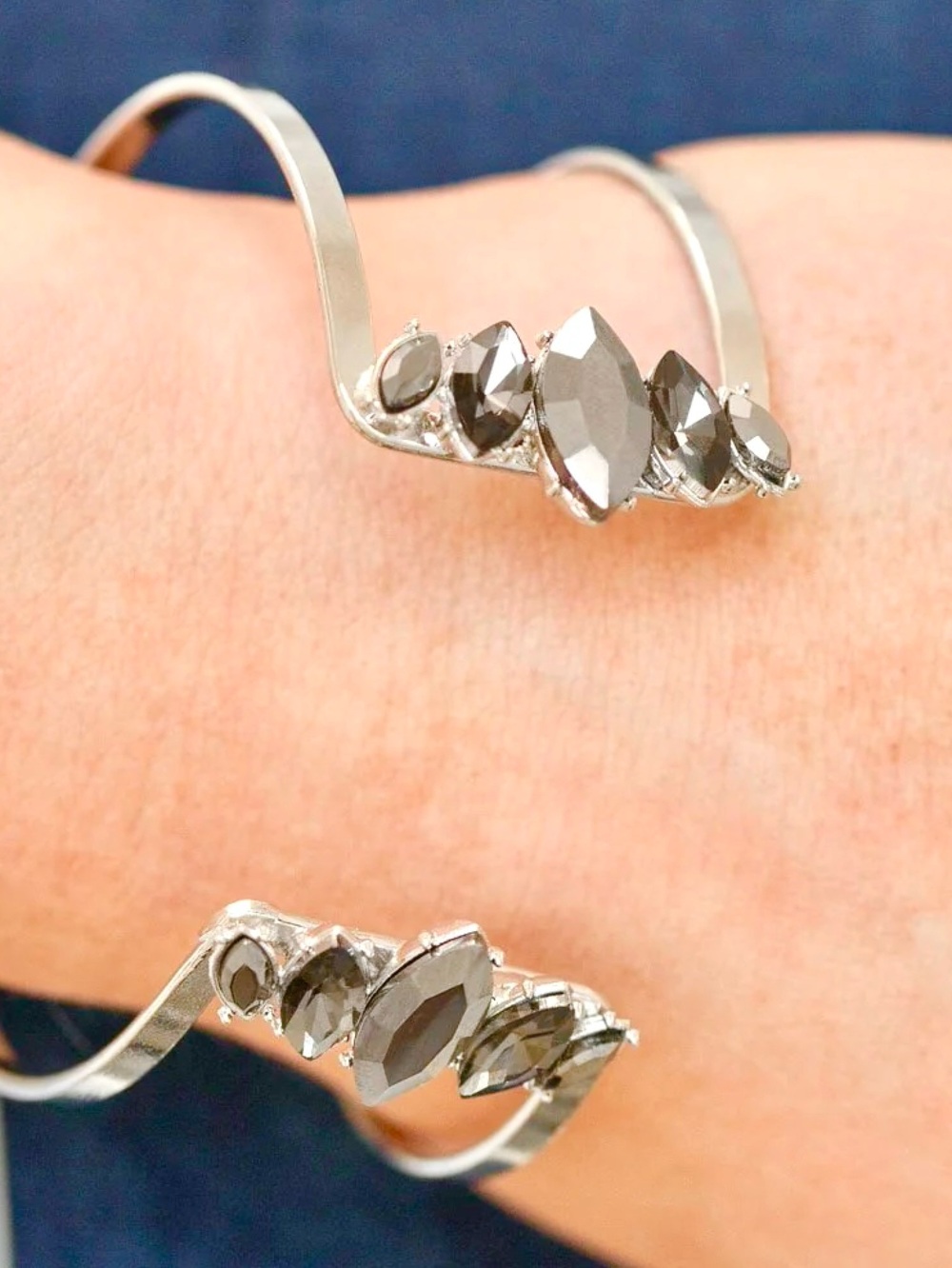 Silver cuff with marquise cut metallic stones